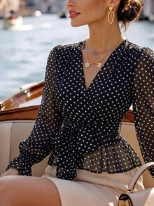 SHEIN Polka Dot Print Flounce Sleeve Belted Top - Black and White - View 1