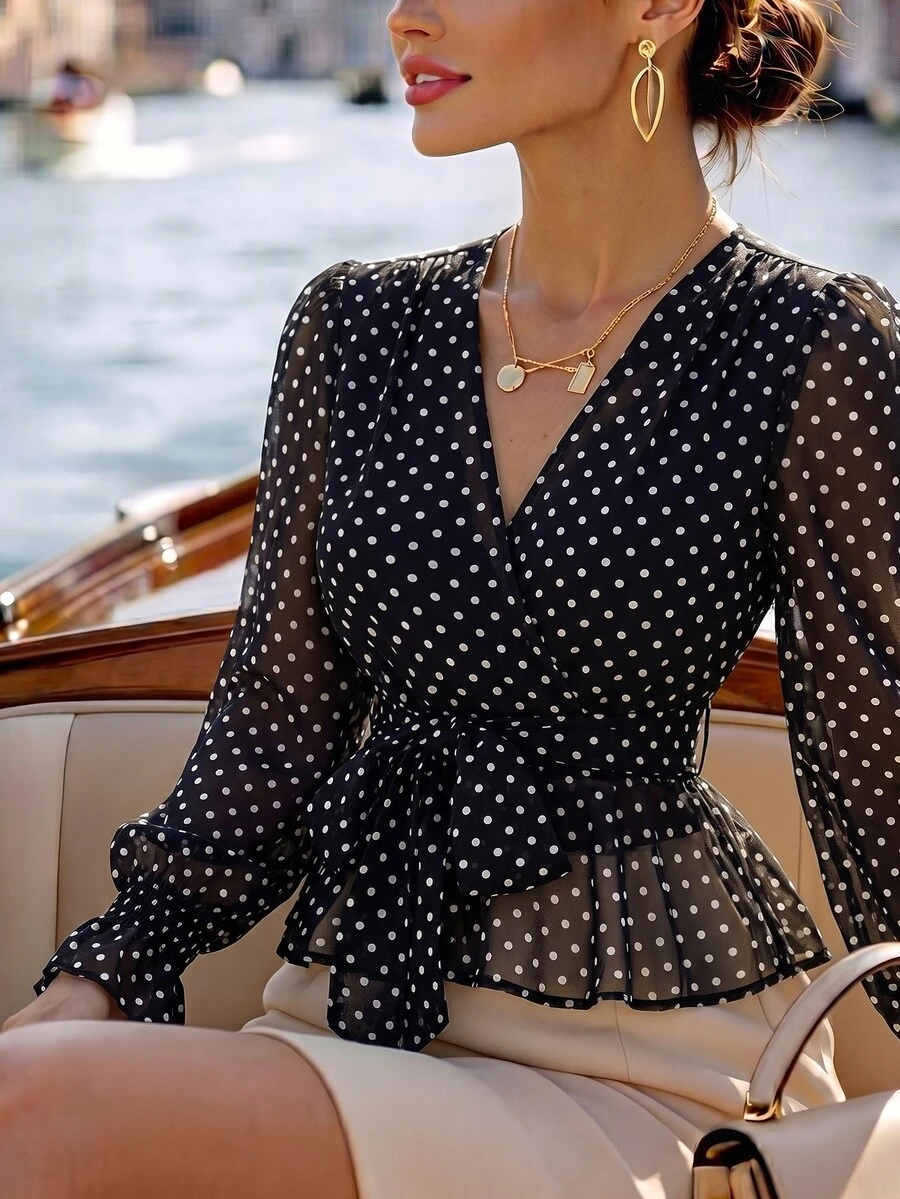 SHEIN Polka Dot Print Flounce Sleeve Belted Top - Black and White - View 1