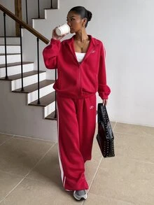 DAZY Striped Tape Drop Shoulder Zip Up Sweatshirt & Sweatpants Lounge Sets For Women - Red - View 5
