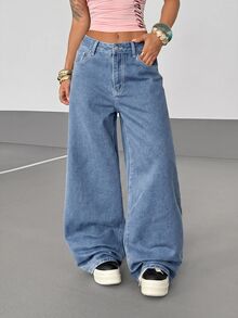Jeanoix Plus Embroidery Cross Pattern Wide Leg Jeans - Blue - View 6