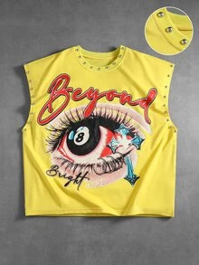 ROMWE MEN Street Life Men Eye & Letter Graphic Studded Detail Tank Top - Yellow - View 1