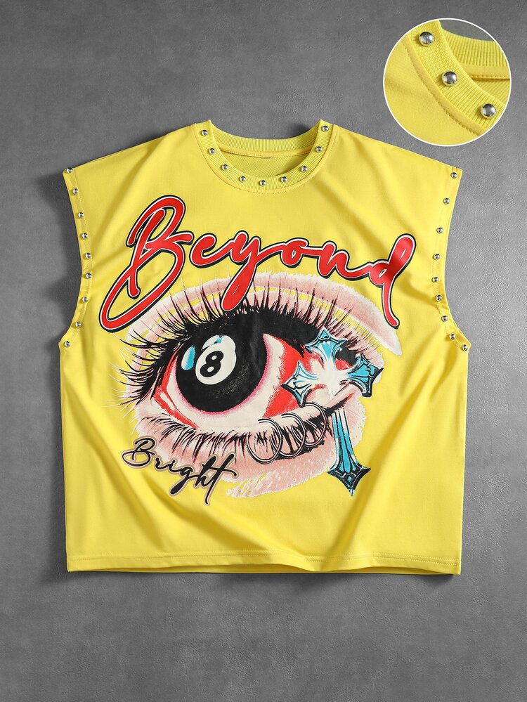 ROMWE MEN Street Life Men Eye & Letter Graphic Studded Detail Tank Top - Yellow - View 1