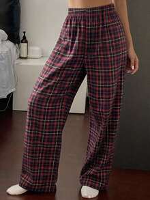 DAZY Plaid Print Elastic Waist Lounge Pants - Red - View 5
