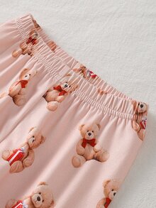 SHEIN 女嬰熊圖案對比滾邊睡衣套裝 親子款 粉色與棕色 淺粉色 秋季可愛 - 彩色 - 查看 12