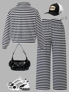 SHEIN 青少年女孩連帽衫與運動衫套裝 - 黑與白 - 查看 2