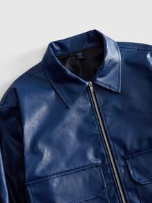 ROMWE MEN Street Life Men Flap Pocket PU Leather Jacket - Blue - View 3