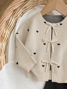 SHEIN Baby Girl Heart Pattern Cardigan & Knit Pants - Apricot - View 5