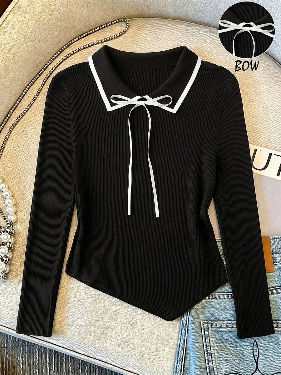 GlowEve CURVE Plus Contrast Trim Tie Front Sweater Autumn Graduation Date Night Black And White Casual Elegant - Black - View 1