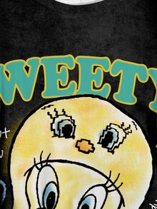 LOONEY TUNES X SHEIN Plus Size Cartoon & Letter Graphic Washed Tee - White - View 5