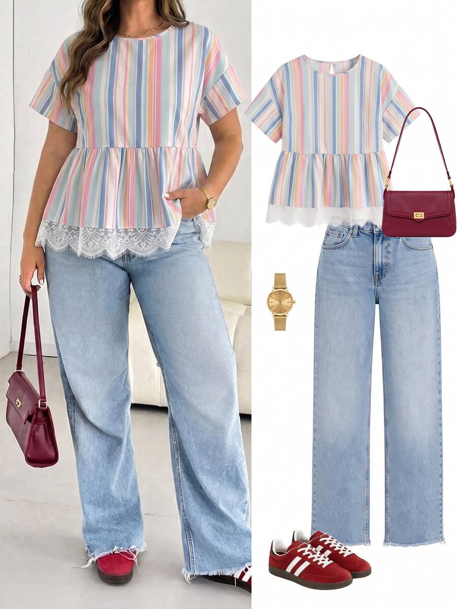 Shapeblank Plus 1pc Striped Print Lace Trim Peplum Blouse - Multicolor - View 1