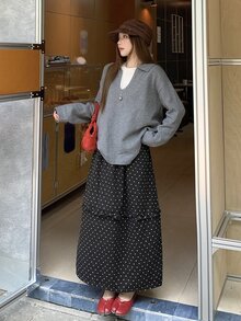 DAZY Polka Dot Print Frill Trim Denim Skirt Fall - Black - View 3