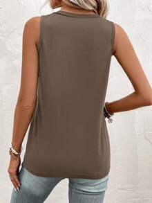 Solivie Half Button Patched Pocket Tank Top - Coffee Brown - View 2