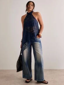 Freevana Plus Asymmetrical Hem Lace Halter Top Going Out Party Navy Blue Summer Elegant Sexy - Navy Blue - View 3