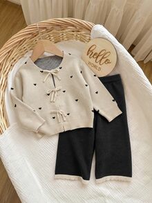 SHEIN Baby Girl Heart Pattern Cardigan & Knit Pants - Apricot - View 1