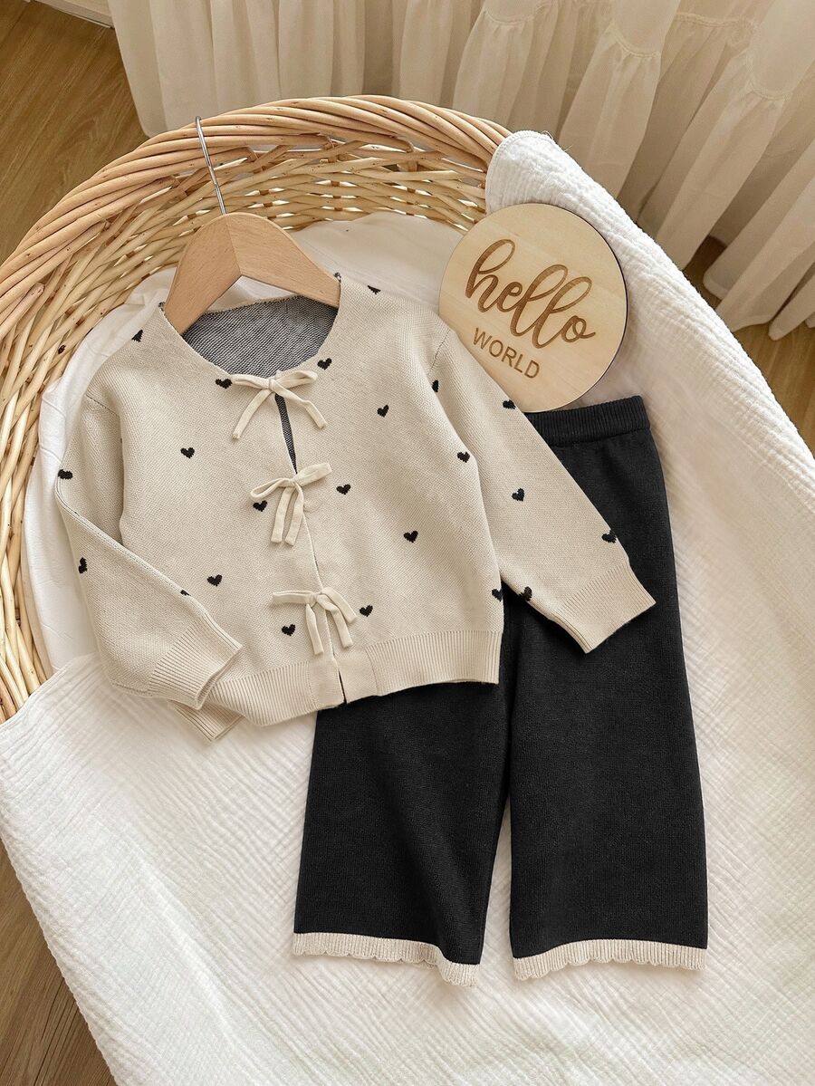 SHEIN Baby Girl Heart Pattern Cardigan & Knit Pants - Apricot - View 1