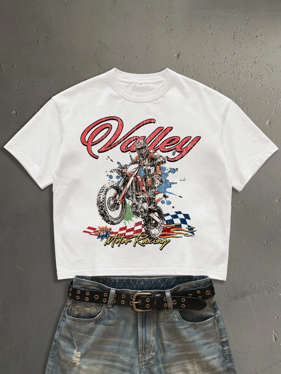 StoneGrade Men Motorcycle & Letter Graphic Short Sleeve Tee - White - View 1