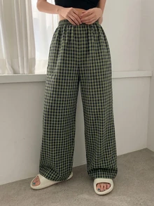 DAZY Gingham Print Elastic Waist Sleep Pants - Green - View 5