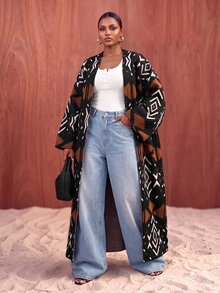 Veslaya Plus Geo Pattern Open Front Cardigan Winter - Multicolor - View 1
