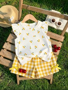 Baby Girl Cherry Print Ruffle Trim Tee & Gingham Print Bow Front Shorts - Multicolor - View 1