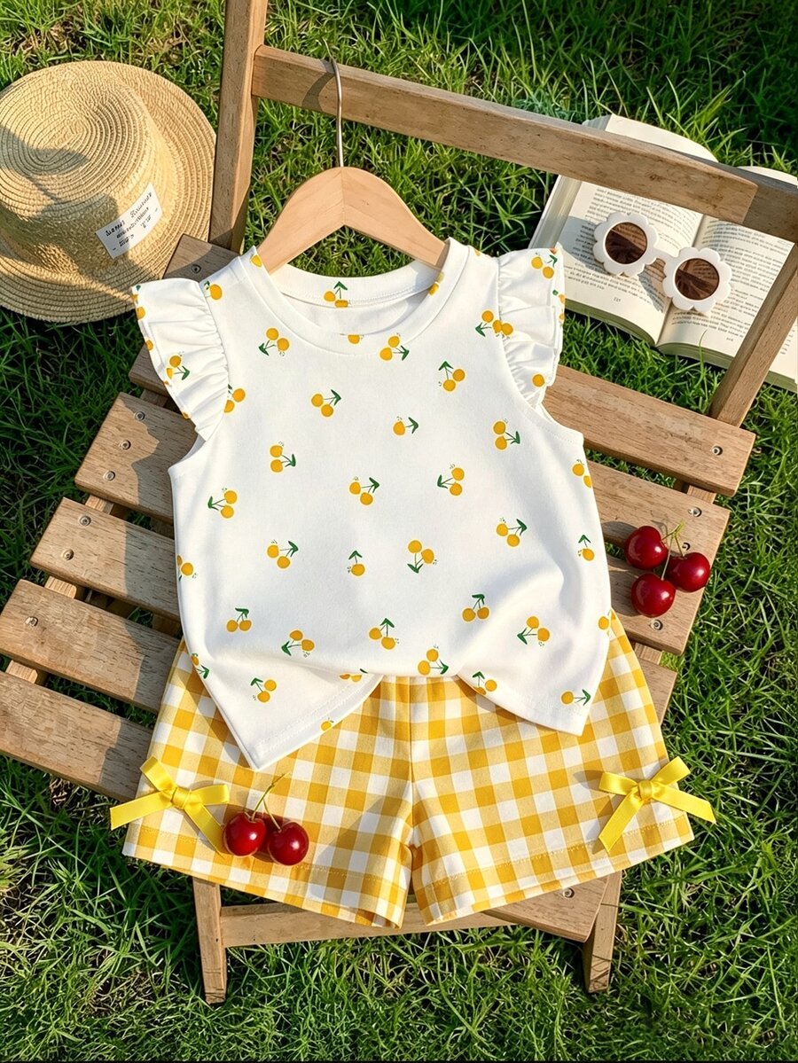 Baby Girl Cherry Print Ruffle Trim Tee & Gingham Print Bow Front Shorts - Multicolor - View 1