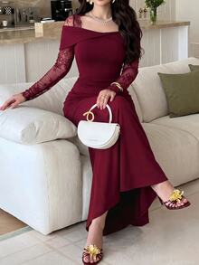 Feyla Vestidos largos para mujer de boda, cena, cóctel, formal, color borgoña, otoño, elegante, boda - Burdeos - Ver 4