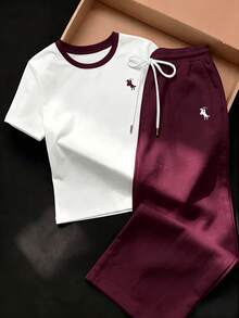 SHEIN EZwear 人體圖案對比滾邊上衣與抽繩腰寬褲套裝 - 酒紅色 - 查看 6