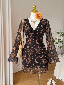 SHEIN EZwear 大尺碼太陽與月亮印花前綁帶網紗洋裝 秋季款 - 黑與白 - 查看 6