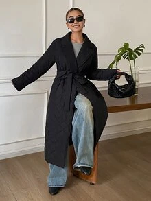 DAZY Lapel Neck Slant Pocket Belted Quilted Coat Jacket - Black - View 4