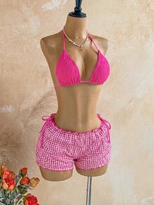 Soleia Plaid Print Smocked Halter Triangle Bikini Swimwears Bathing Beach Honeymoon Party Hot Pink Pink Summer Sexy - Hot Pink - View 5