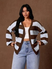 Rustia Plus Striped Pattern Drop Shoulder Cardigan Winter - Multicolor - View 7