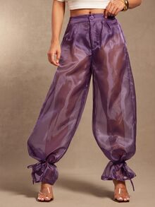 Vixey High Waist Knot Hem Sheer Pants - Purple - View 1