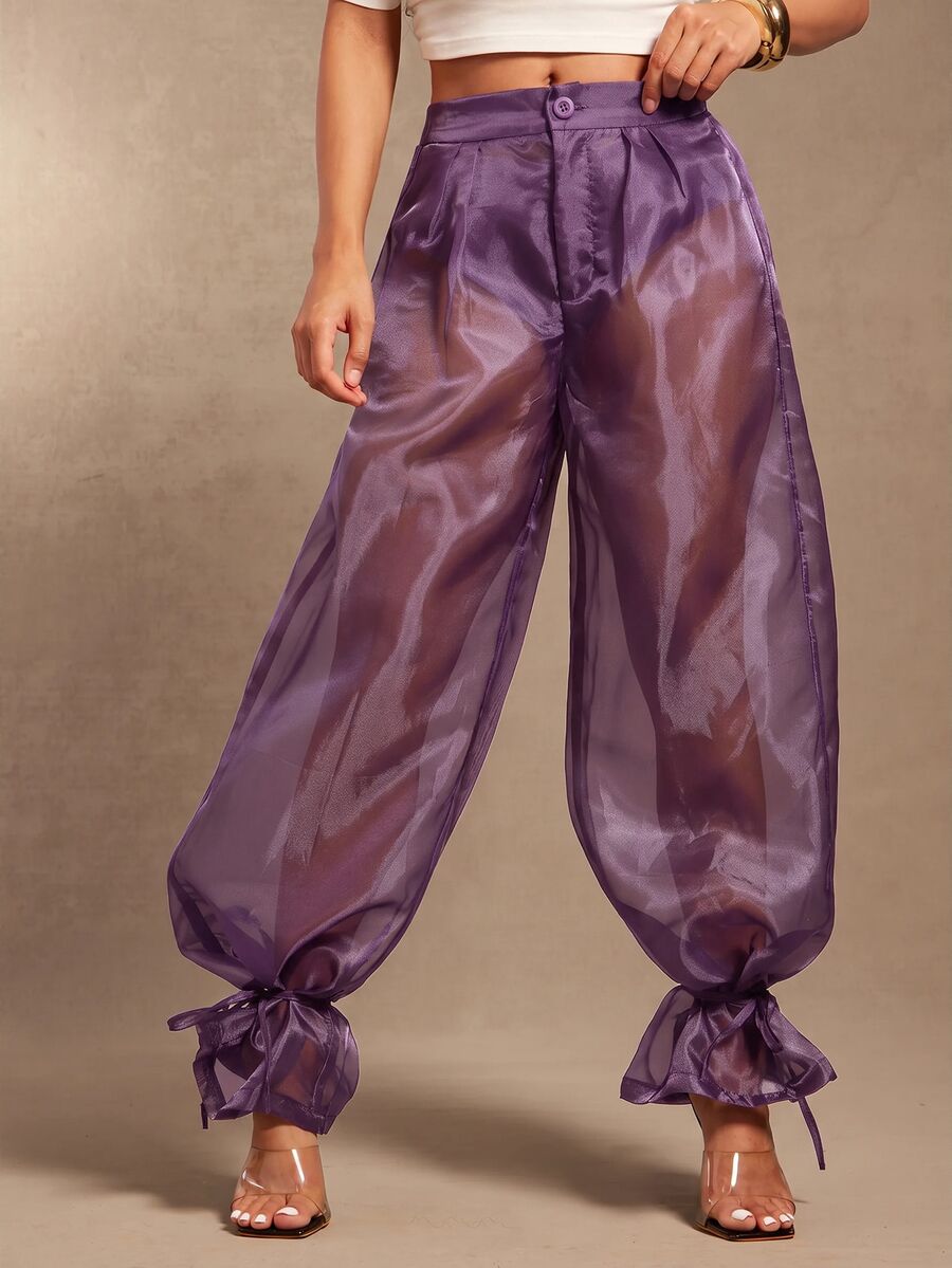 Vixey High Waist Knot Hem Sheer Pants - Purple - View 1