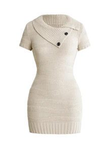 ROMWE Button Detail Foldover Asymmetrical Neck Sweater Dress - Beige - View 1