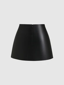 Sweetra Rok Kulit PU dengan Detail Bunga Logam dan Belahan di Bagian Bawah - Hitam - View 2