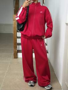 DAZY Striped Tape Drop Shoulder Zip Up Sweatshirt & Sweatpants Lounge Sets For Women - Red - View 4