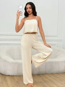SHEIN Contrast Lace Cami Top & Pants PJ Set - Beige - View 5