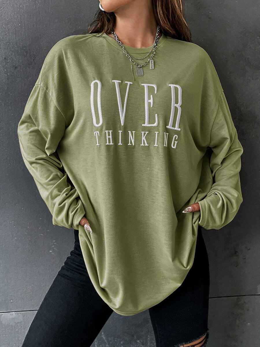 SHEIN Unity Embroidery Letter Pattern Drop Shoulder Oversize Tee - Green - View 1