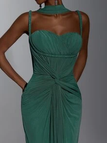 Elitara Twist Front Mesh Formal Dress With Cape - Green - View 6