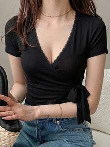DAZY Lace Trim Knot Side Crop Top - Black - View 5