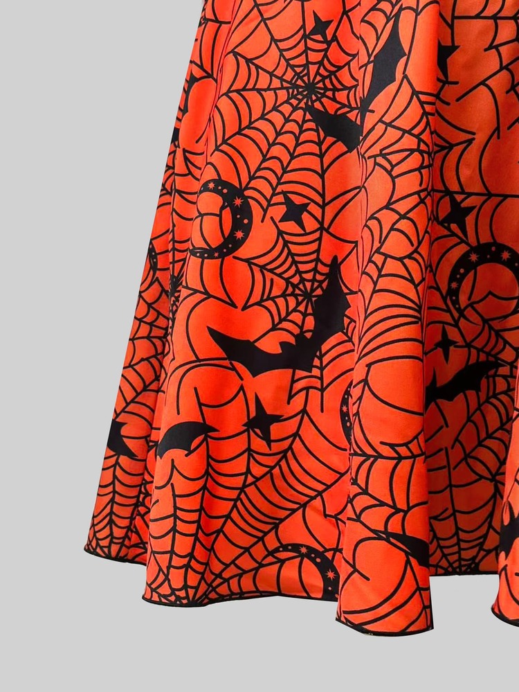 Sunspun Plus Halloween Print Contrast Lace Cami Dress Without Belt - Orange - View 7