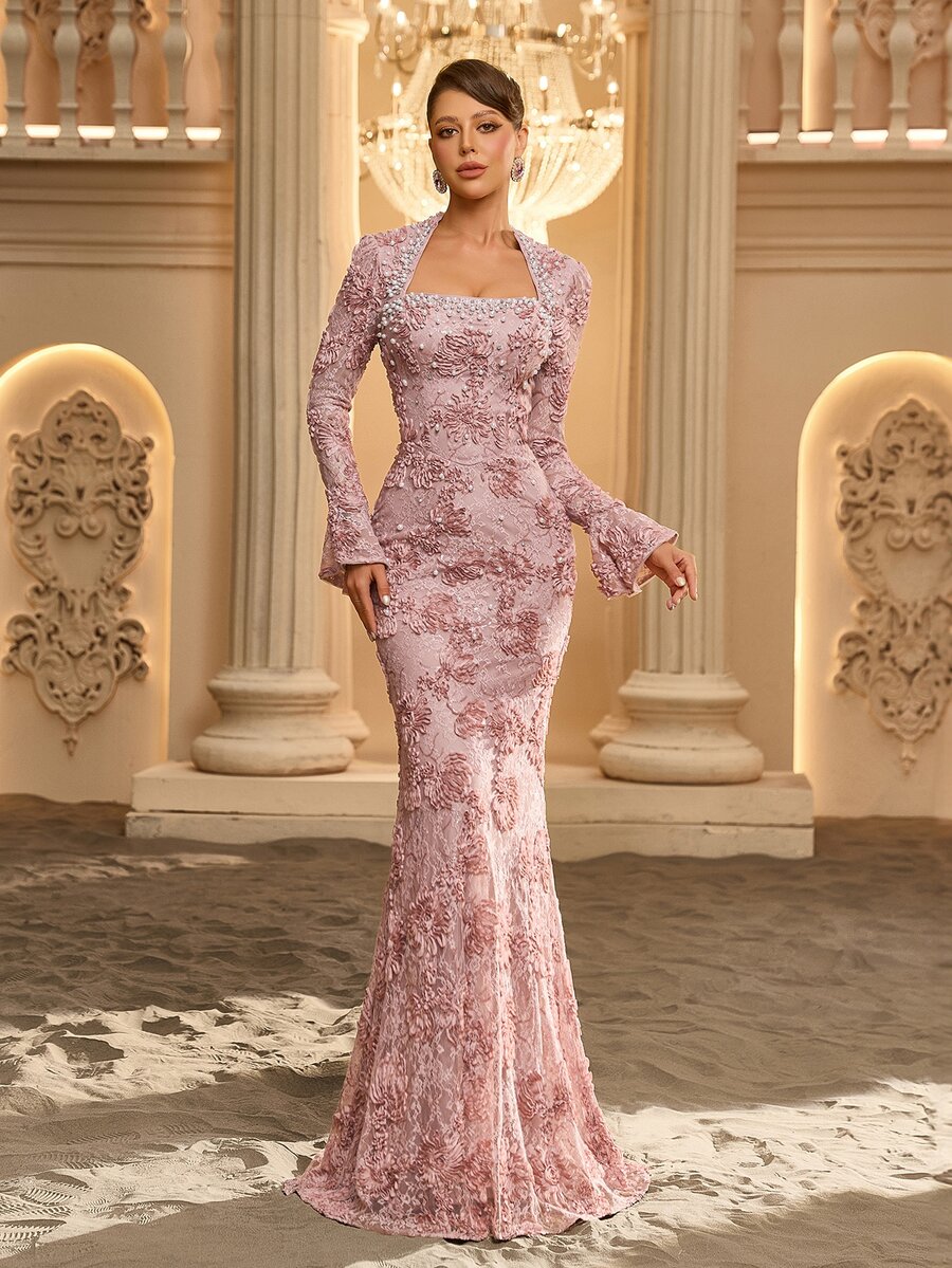 Glamrae Square Neck Flounce Sleeve Sequin Formal Dress - Dusty Pink - View 1