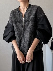 FRIFUL Gray Print Drop Shoulder Bomber Jacket Office Business Autumn Casual Elegant - Grey - View 2