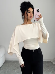 Elenzga 1pc Solid Ruched Waist Cape Bodysuit - Apricot - View 6