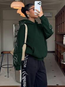 Muchica Letter Graphic Drop Shoulder Hoodie - Dark Green - View 5