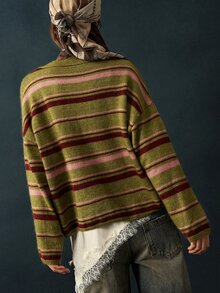 Bohemela Contrast Striped Pattern Drop Shoulder Oversize Cardigan - Green - View 7
