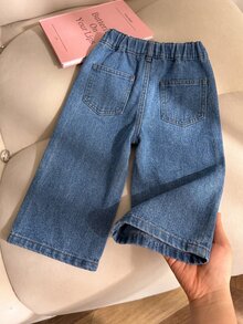 Baby Girl Overlap Waist Slant Pocket Wide Leg Jeans - Medium Wash - View 2