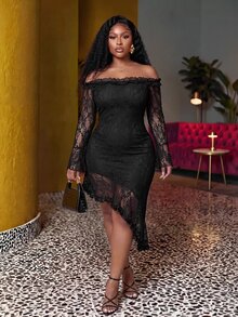 Veslaya Plus Off Shoulder Asymmetrical Hem Lace Dress Fall - Black - View 6