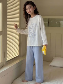DAZY 青少年女孩動物印花長袖上衣與條紋長褲睡衣套裝 - 藍白色 - 查看 6
