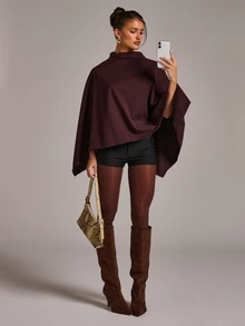 SHEIN BAE Funnel Neck Cloak Sleeve Cape Overcoat - Burgundy - View 3