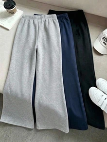 SHEIN 青少年女孩 1件 純色彈性腰貼布裝飾喇叭褲 - 灰色 - 查看 3